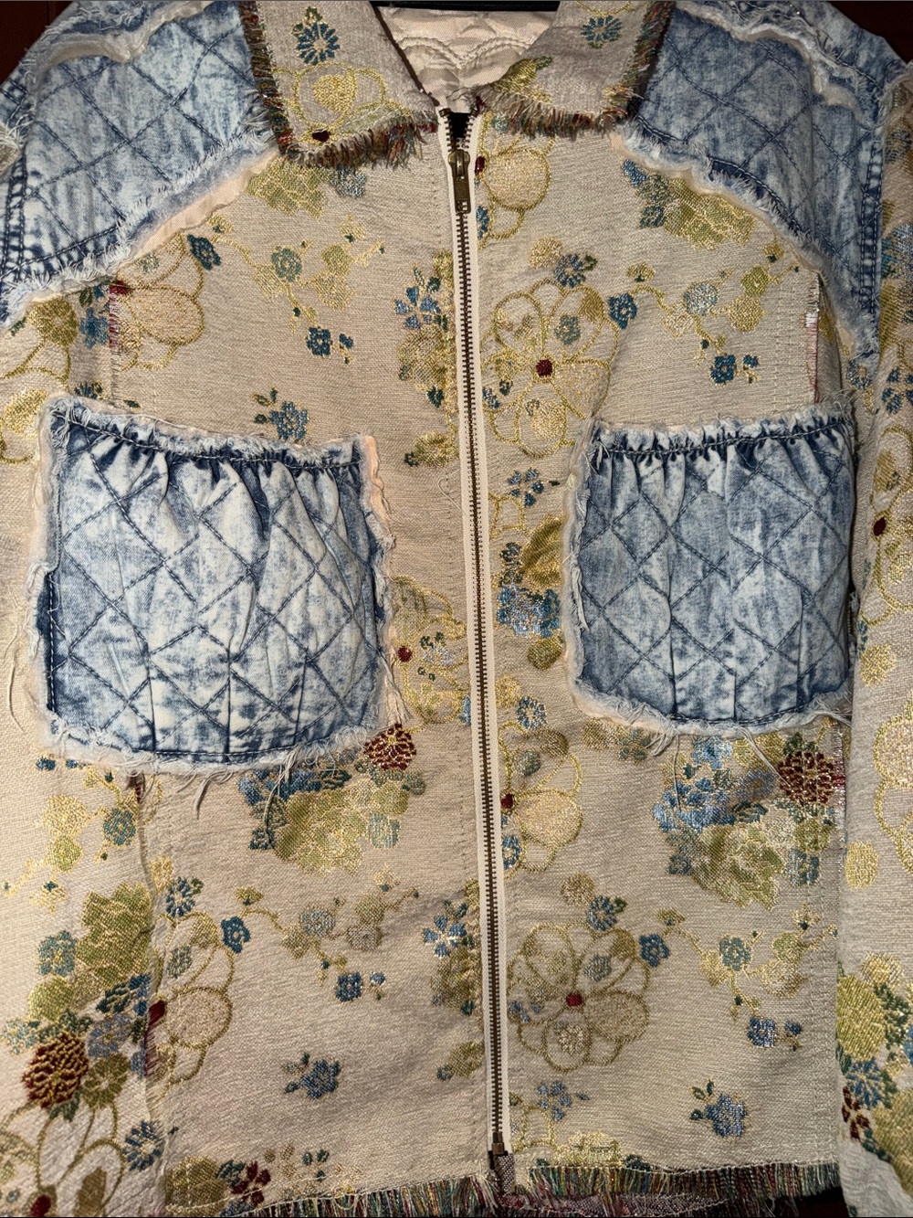 Floral Patchwork Zip-Front Women's Jacket - Cream & Blue - Picture 6 of 11